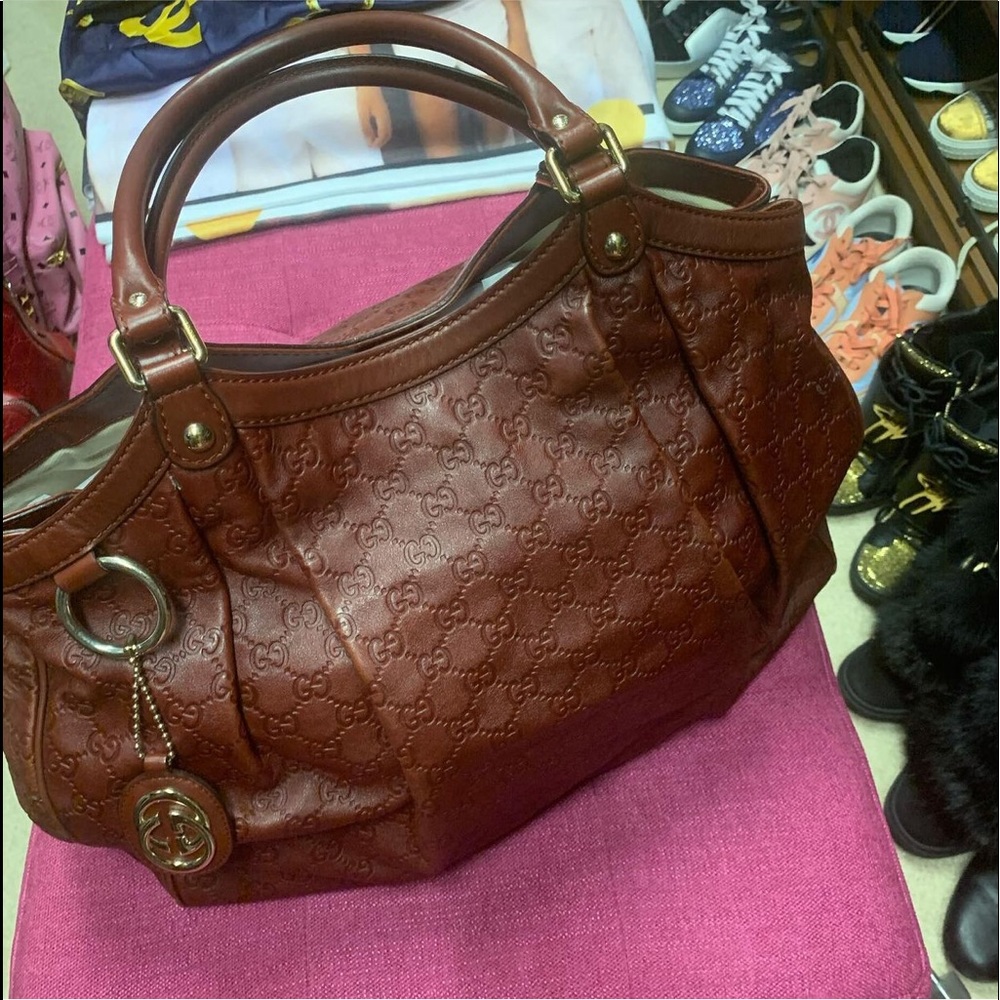 ❤️ Authentic Large Gucci Bag Top Handle Sukey Dark Guccissma Wine